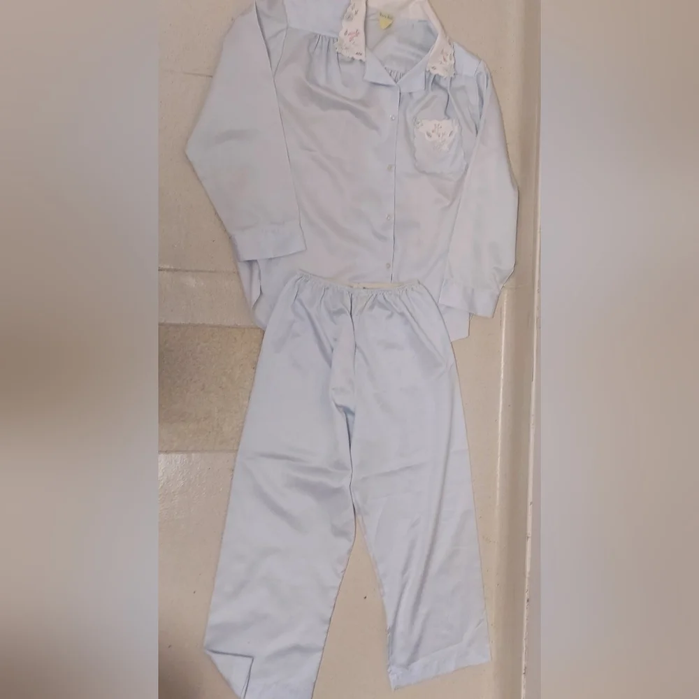 Sara Beth Women's Vintage Feminine Blue satin Embroidered Pajama Set, Medium - Picture 1 of 6
